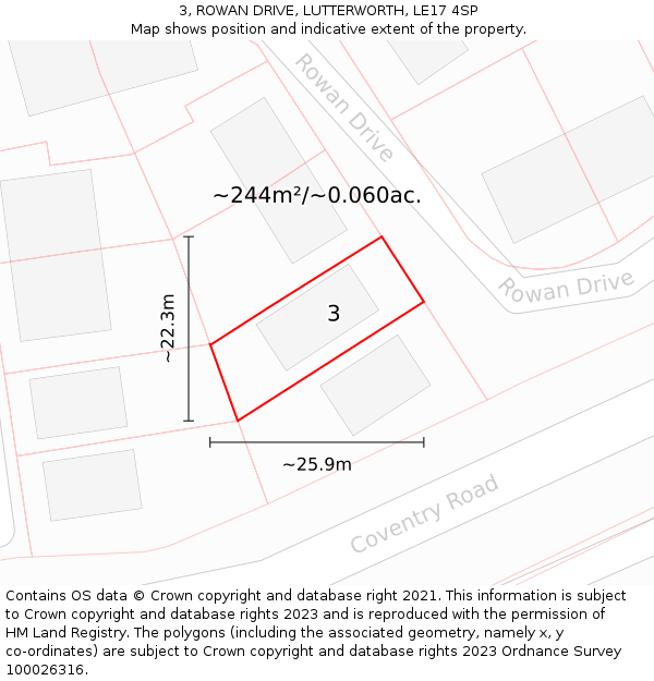 3, ROWAN DRIVE, LUTTERWORTH, LE17 4SP: Plot and title map