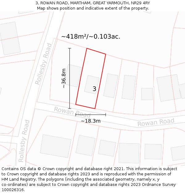 3, ROWAN ROAD, MARTHAM, GREAT YARMOUTH, NR29 4RY: Plot and title map