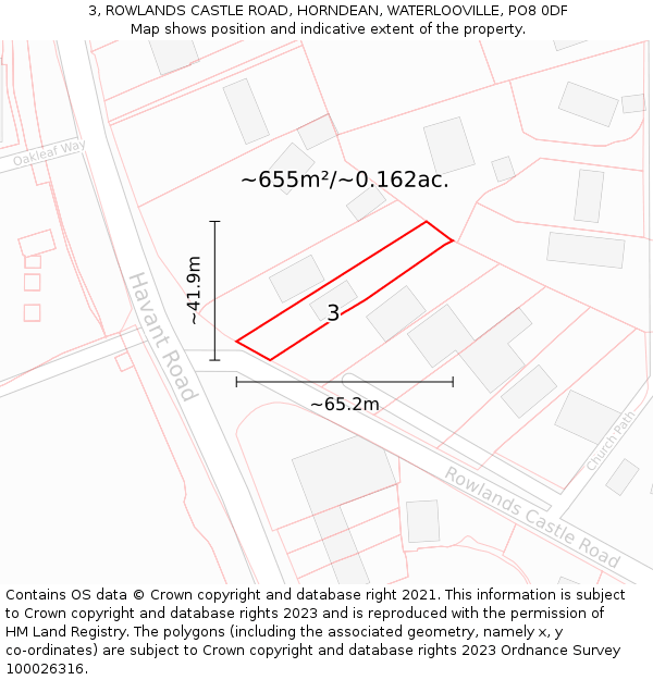 3, ROWLANDS CASTLE ROAD, HORNDEAN, WATERLOOVILLE, PO8 0DF: Plot and title map