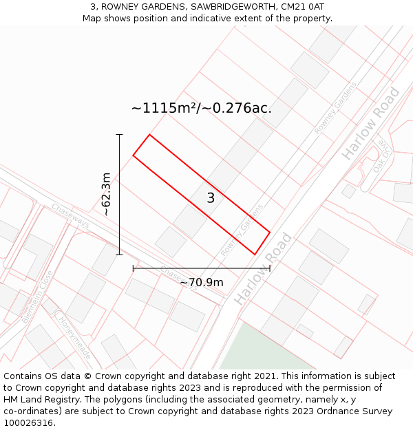 3, ROWNEY GARDENS, SAWBRIDGEWORTH, CM21 0AT: Plot and title map