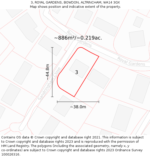 3, ROYAL GARDENS, BOWDON, ALTRINCHAM, WA14 3GX: Plot and title map