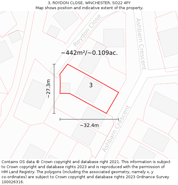 3, ROYDON CLOSE, WINCHESTER, SO22 4PY: Plot and title map