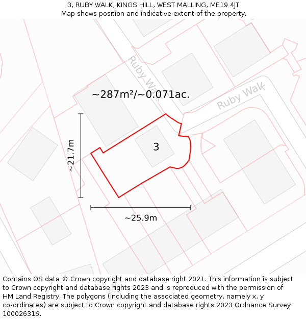 3, RUBY WALK, KINGS HILL, WEST MALLING, ME19 4JT: Plot and title map