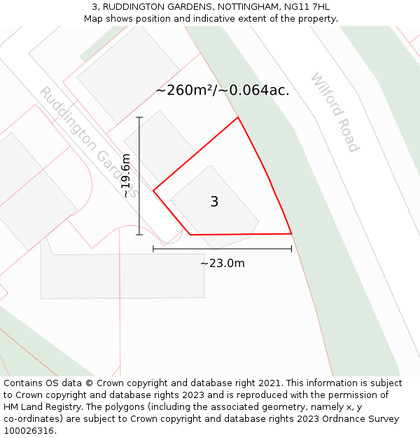 3, RUDDINGTON GARDENS, NOTTINGHAM, NG11 7HL: Plot and title map