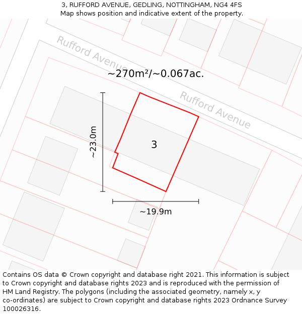 3, RUFFORD AVENUE, GEDLING, NOTTINGHAM, NG4 4FS: Plot and title map