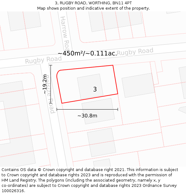 3, RUGBY ROAD, WORTHING, BN11 4PT: Plot and title map