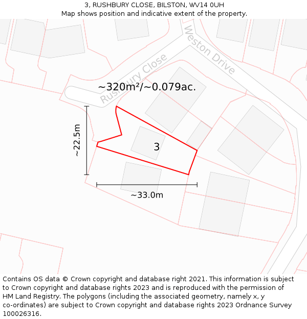 3, RUSHBURY CLOSE, BILSTON, WV14 0UH: Plot and title map