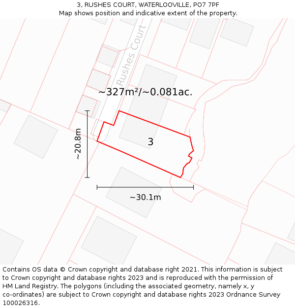 3, RUSHES COURT, WATERLOOVILLE, PO7 7PF: Plot and title map