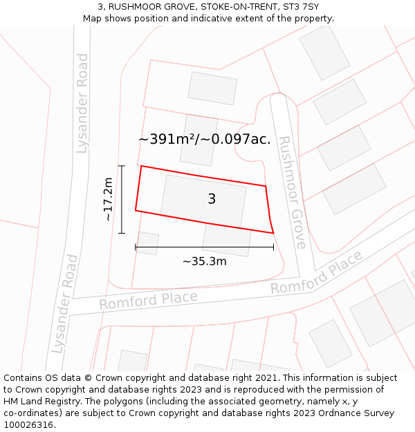 3, RUSHMOOR GROVE, STOKE-ON-TRENT, ST3 7SY: Plot and title map