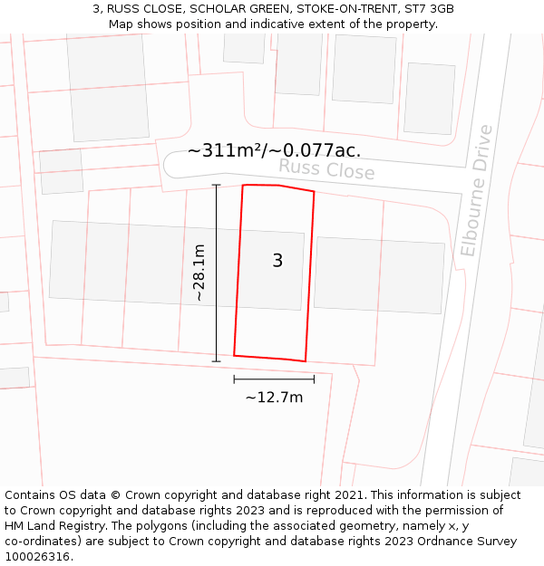 3, RUSS CLOSE, SCHOLAR GREEN, STOKE-ON-TRENT, ST7 3GB: Plot and title map