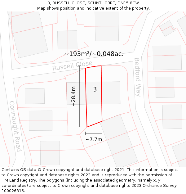 3, RUSSELL CLOSE, SCUNTHORPE, DN15 8GW: Plot and title map