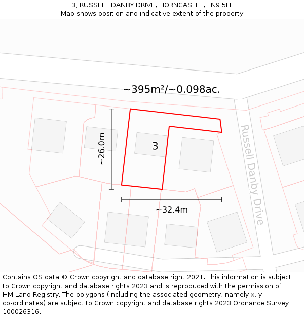 3, RUSSELL DANBY DRIVE, HORNCASTLE, LN9 5FE: Plot and title map