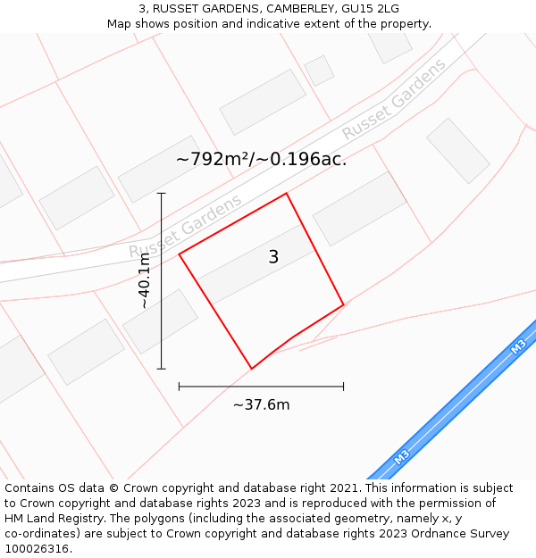 3, RUSSET GARDENS, CAMBERLEY, GU15 2LG: Plot and title map