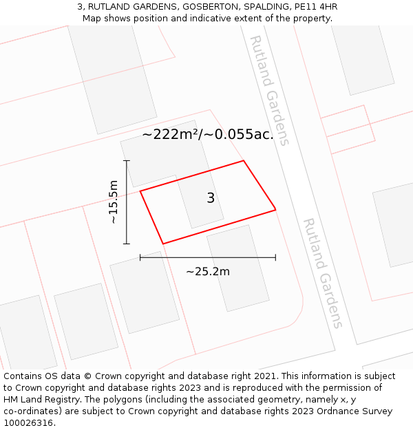 3, RUTLAND GARDENS, GOSBERTON, SPALDING, PE11 4HR: Plot and title map