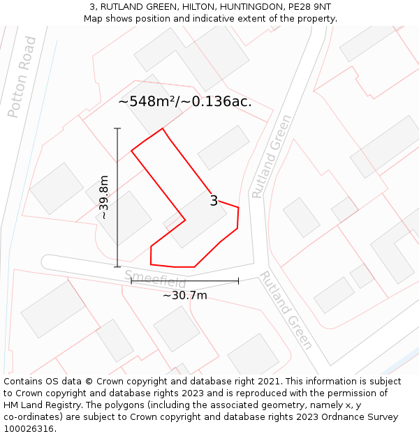 3, RUTLAND GREEN, HILTON, HUNTINGDON, PE28 9NT: Plot and title map