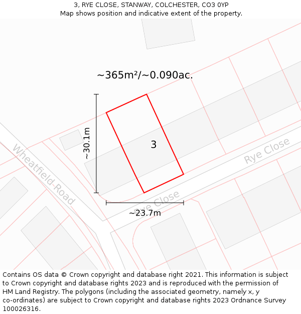 3, RYE CLOSE, STANWAY, COLCHESTER, CO3 0YP: Plot and title map