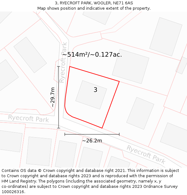 3, RYECROFT PARK, WOOLER, NE71 6AS: Plot and title map