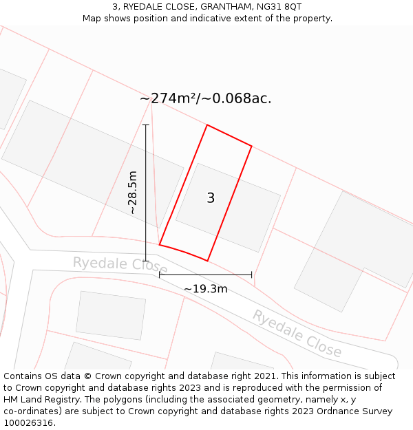 3, RYEDALE CLOSE, GRANTHAM, NG31 8QT: Plot and title map