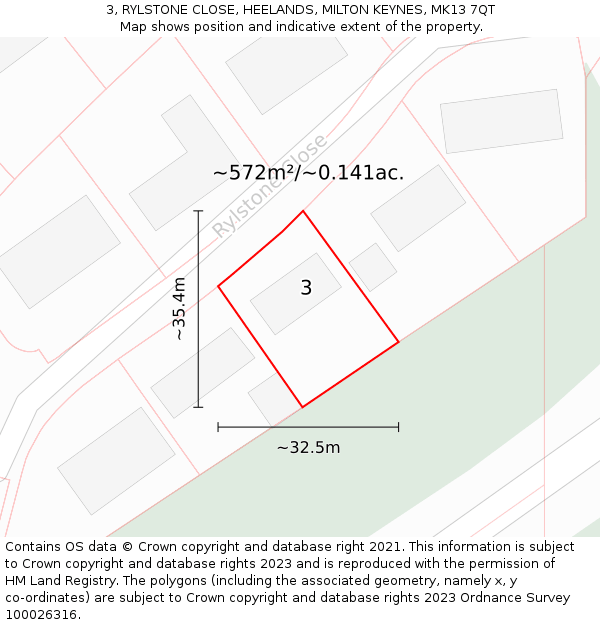 3, RYLSTONE CLOSE, HEELANDS, MILTON KEYNES, MK13 7QT: Plot and title map