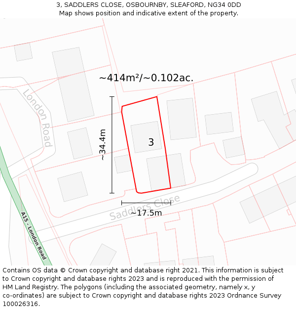 3, SADDLERS CLOSE, OSBOURNBY, SLEAFORD, NG34 0DD: Plot and title map