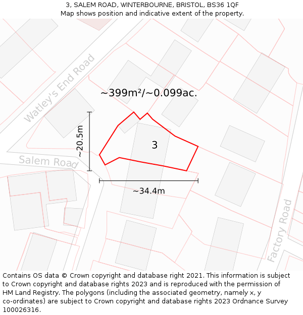 3, SALEM ROAD, WINTERBOURNE, BRISTOL, BS36 1QF: Plot and title map