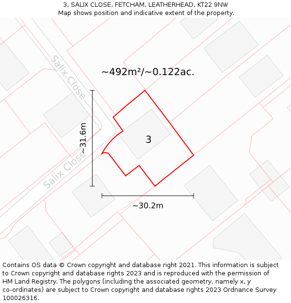 3, SALIX CLOSE, FETCHAM, LEATHERHEAD, KT22 9NW: Plot and title map