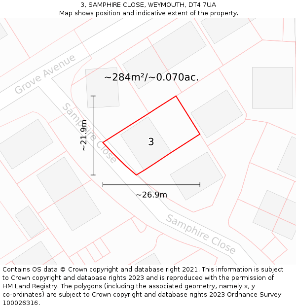 3, SAMPHIRE CLOSE, WEYMOUTH, DT4 7UA: Plot and title map