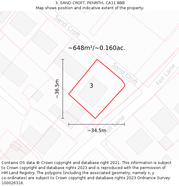 3, SAND CROFT, PENRITH, CA11 8BB: Plot and title map