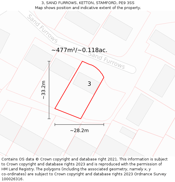 3, SAND FURROWS, KETTON, STAMFORD, PE9 3SS: Plot and title map