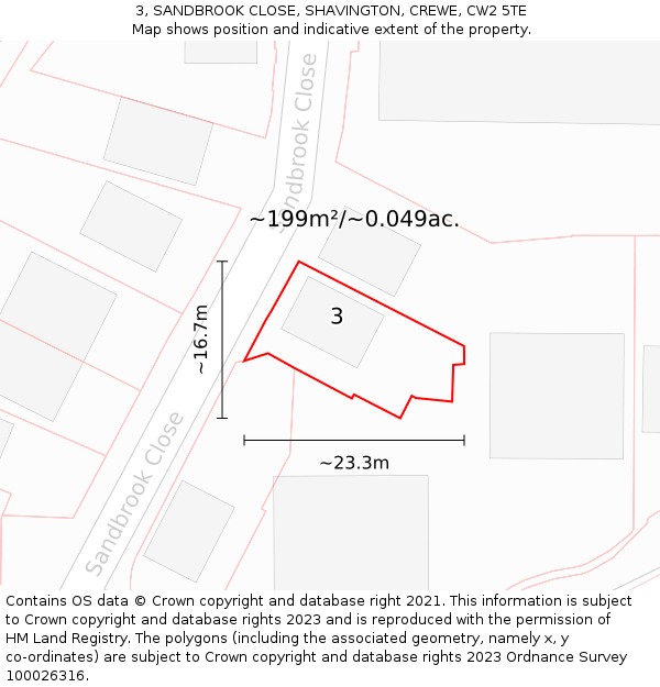 3, SANDBROOK CLOSE, SHAVINGTON, CREWE, CW2 5TE: Plot and title map