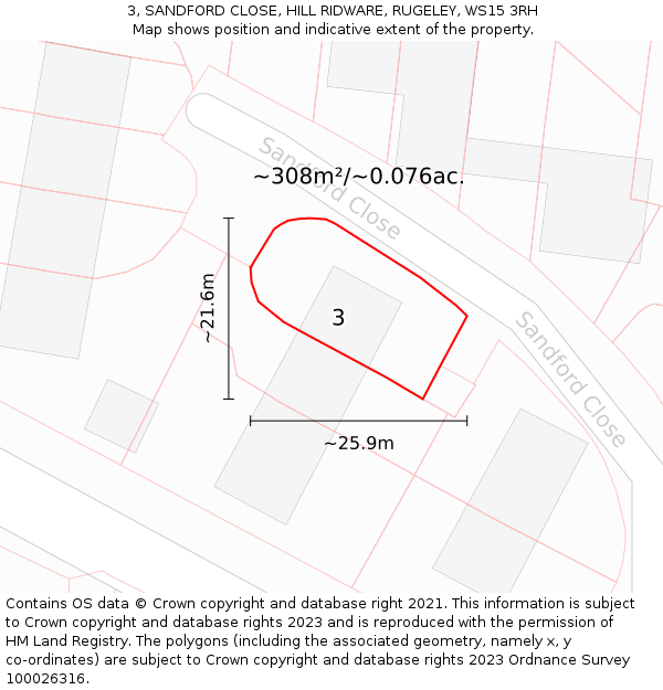 3, SANDFORD CLOSE, HILL RIDWARE, RUGELEY, WS15 3RH: Plot and title map
