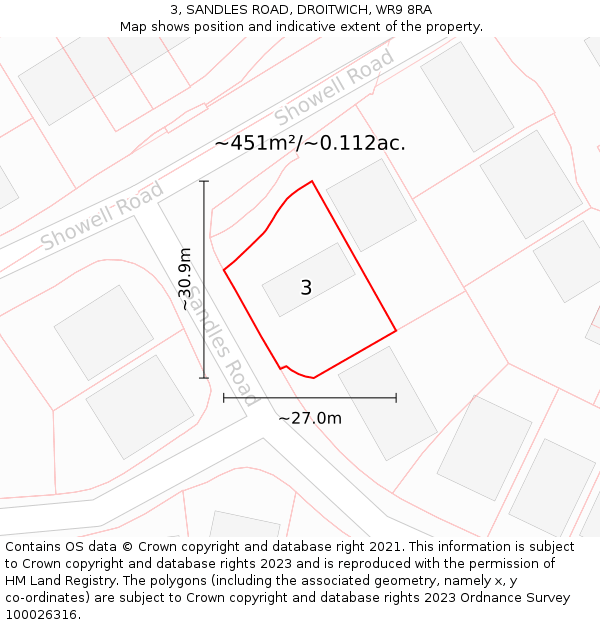 3, SANDLES ROAD, DROITWICH, WR9 8RA: Plot and title map