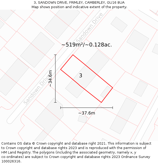 3, SANDOWN DRIVE, FRIMLEY, CAMBERLEY, GU16 8UA: Plot and title map