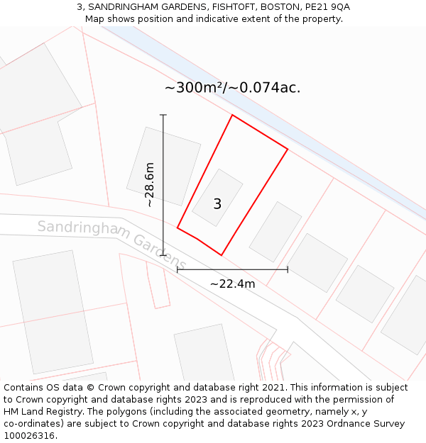 3, SANDRINGHAM GARDENS, FISHTOFT, BOSTON, PE21 9QA: Plot and title map