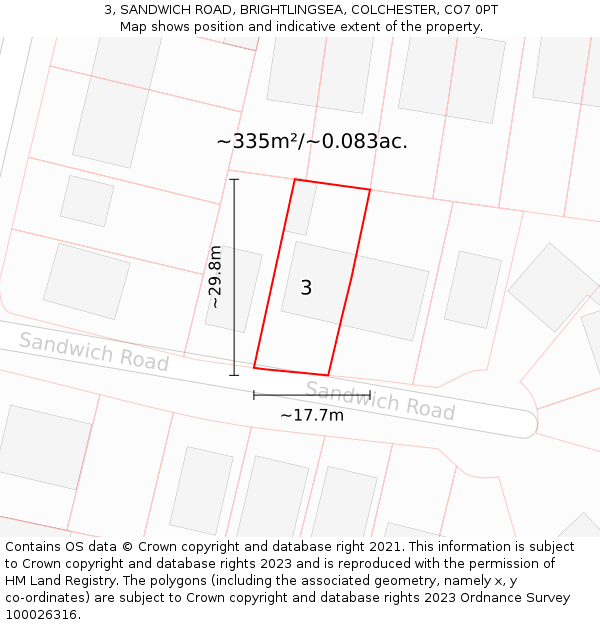 3, SANDWICH ROAD, BRIGHTLINGSEA, COLCHESTER, CO7 0PT: Plot and title map