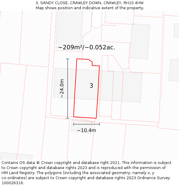 3, SANDY CLOSE, CRAWLEY DOWN, CRAWLEY, RH10 4HW: Plot and title map