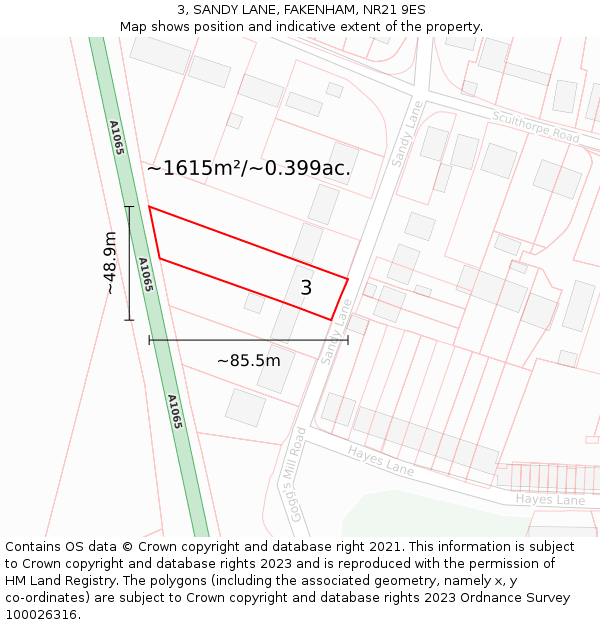 3, SANDY LANE, FAKENHAM, NR21 9ES: Plot and title map