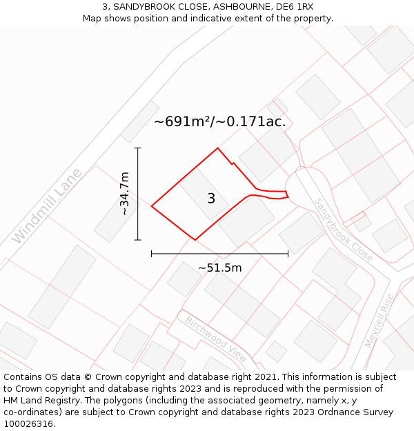 3, SANDYBROOK CLOSE, ASHBOURNE, DE6 1RX: Plot and title map