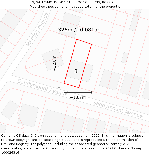 3, SANDYMOUNT AVENUE, BOGNOR REGIS, PO22 9ET: Plot and title map