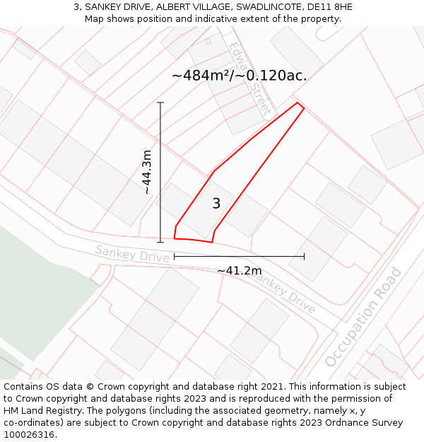 3, SANKEY DRIVE, ALBERT VILLAGE, SWADLINCOTE, DE11 8HE: Plot and title map