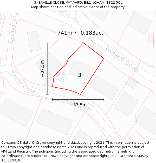 3, SAVILLE CLOSE, WYNYARD, BILLINGHAM, TS22 5GL: Plot and title map