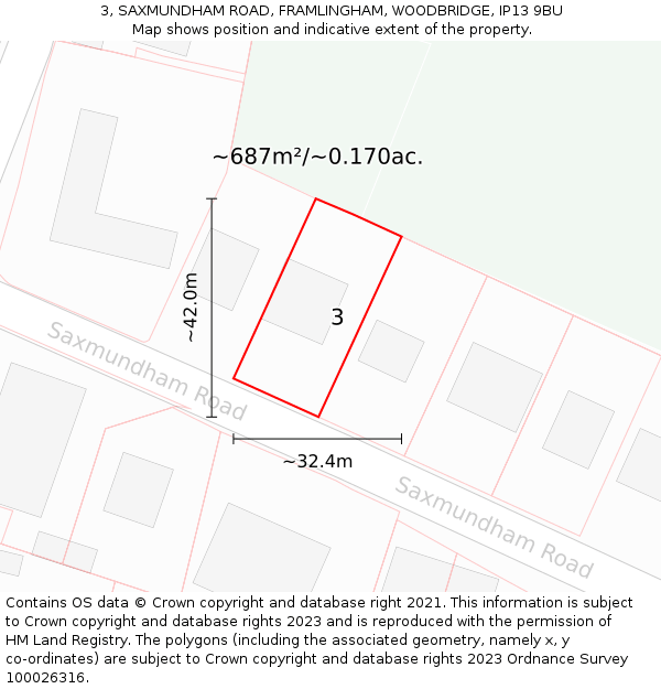 3, SAXMUNDHAM ROAD, FRAMLINGHAM, WOODBRIDGE, IP13 9BU: Plot and title map