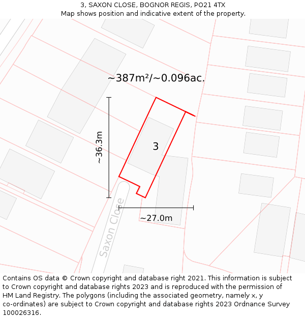 3, SAXON CLOSE, BOGNOR REGIS, PO21 4TX: Plot and title map