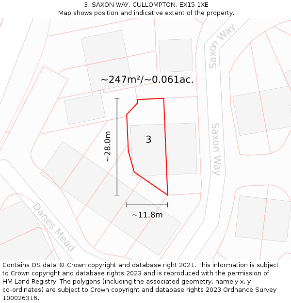 3, SAXON WAY, CULLOMPTON, EX15 1XE: Plot and title map