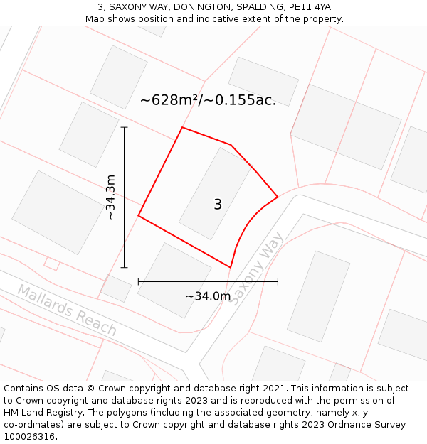 3, SAXONY WAY, DONINGTON, SPALDING, PE11 4YA: Plot and title map