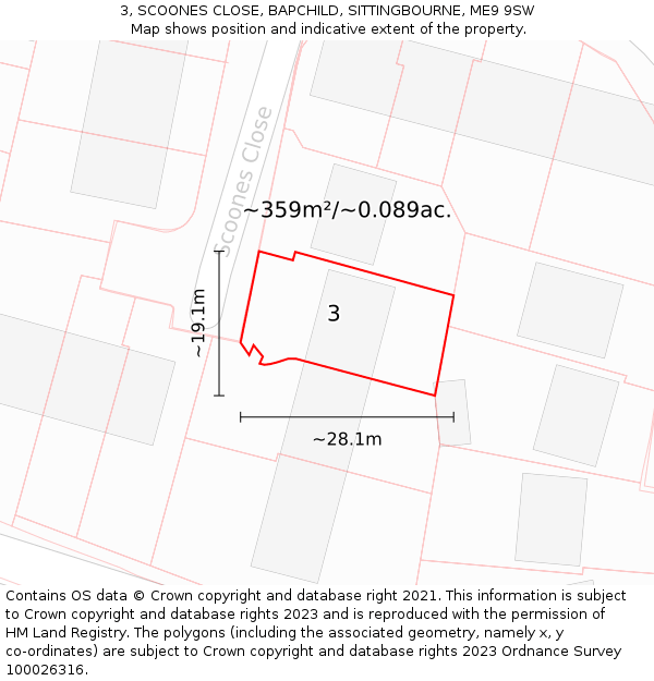 3, SCOONES CLOSE, BAPCHILD, SITTINGBOURNE, ME9 9SW: Plot and title map