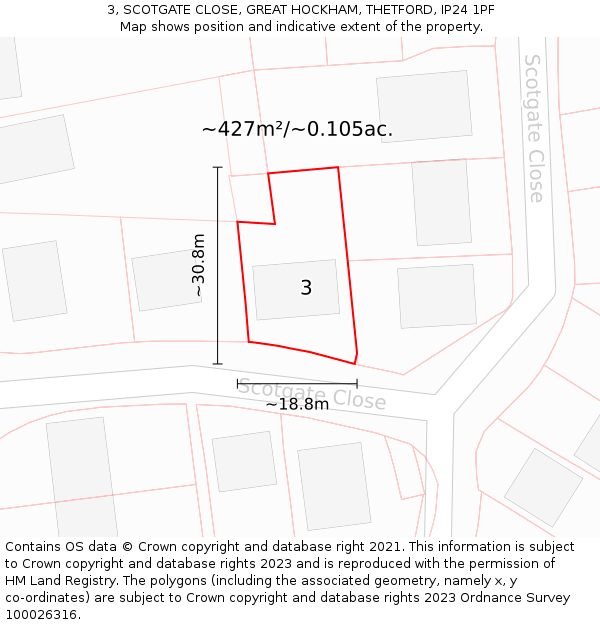 3, SCOTGATE CLOSE, GREAT HOCKHAM, THETFORD, IP24 1PF: Plot and title map