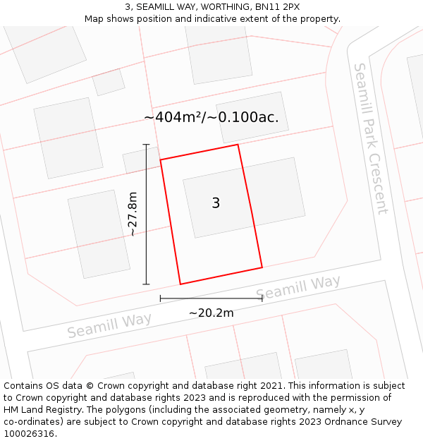 3, SEAMILL WAY, WORTHING, BN11 2PX: Plot and title map