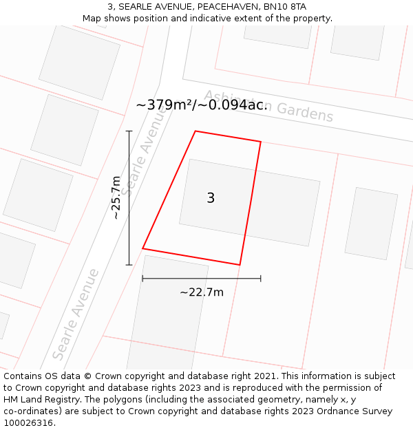 3, SEARLE AVENUE, PEACEHAVEN, BN10 8TA: Plot and title map