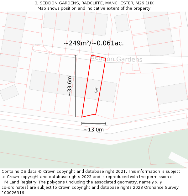 3, SEDDON GARDENS, RADCLIFFE, MANCHESTER, M26 1HX: Plot and title map